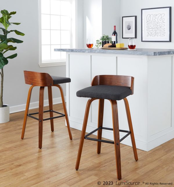 Maya 30 Inch Mid Century Modern Swivel Barstool Walnut and Charcoal Set of 2 3
