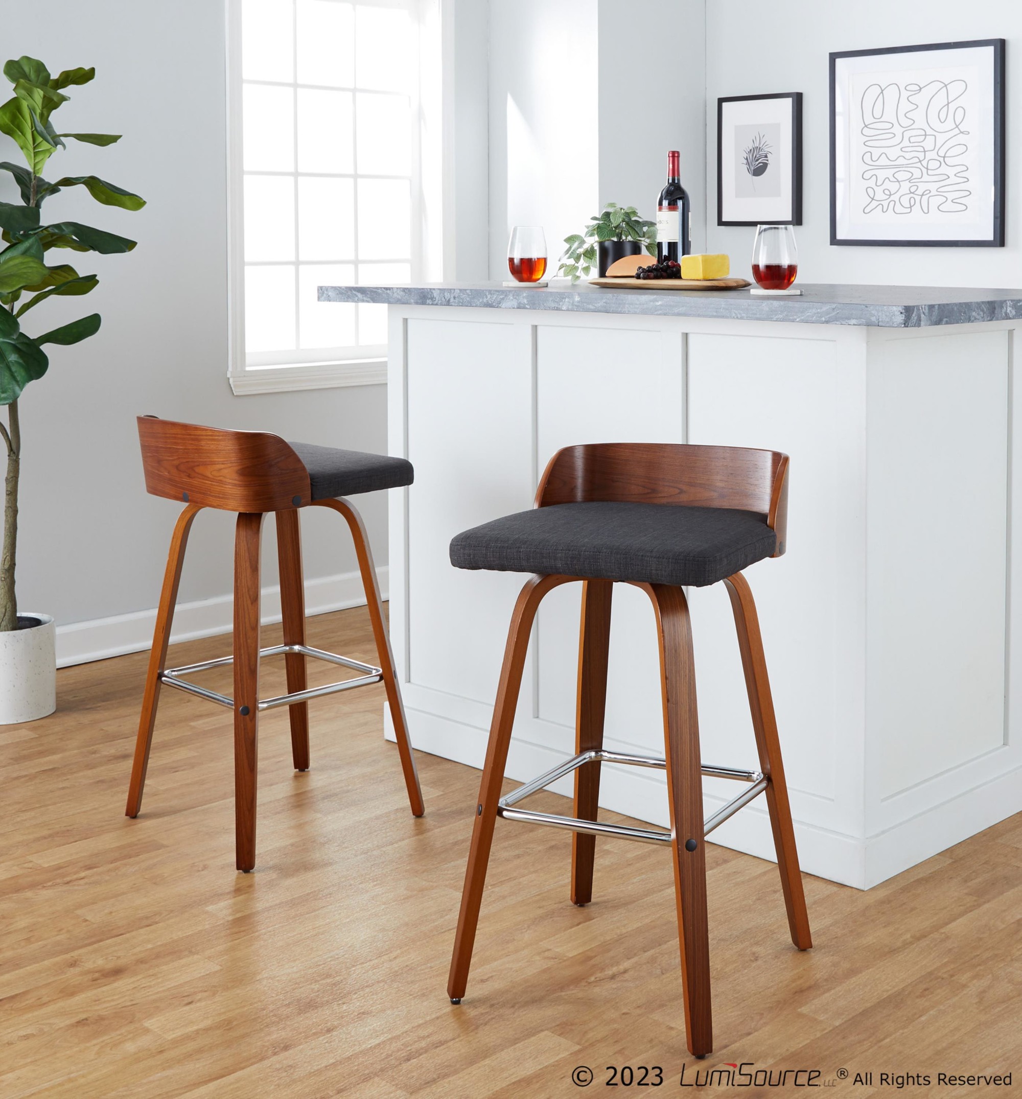 Maya 30 Mid-Century Modern Walnut and Charcoal Barstools (Set of 2) 2 Maya 30 Mid-Century Modern Walnut and Charcoal Barstools (Set of 2) - Image 2