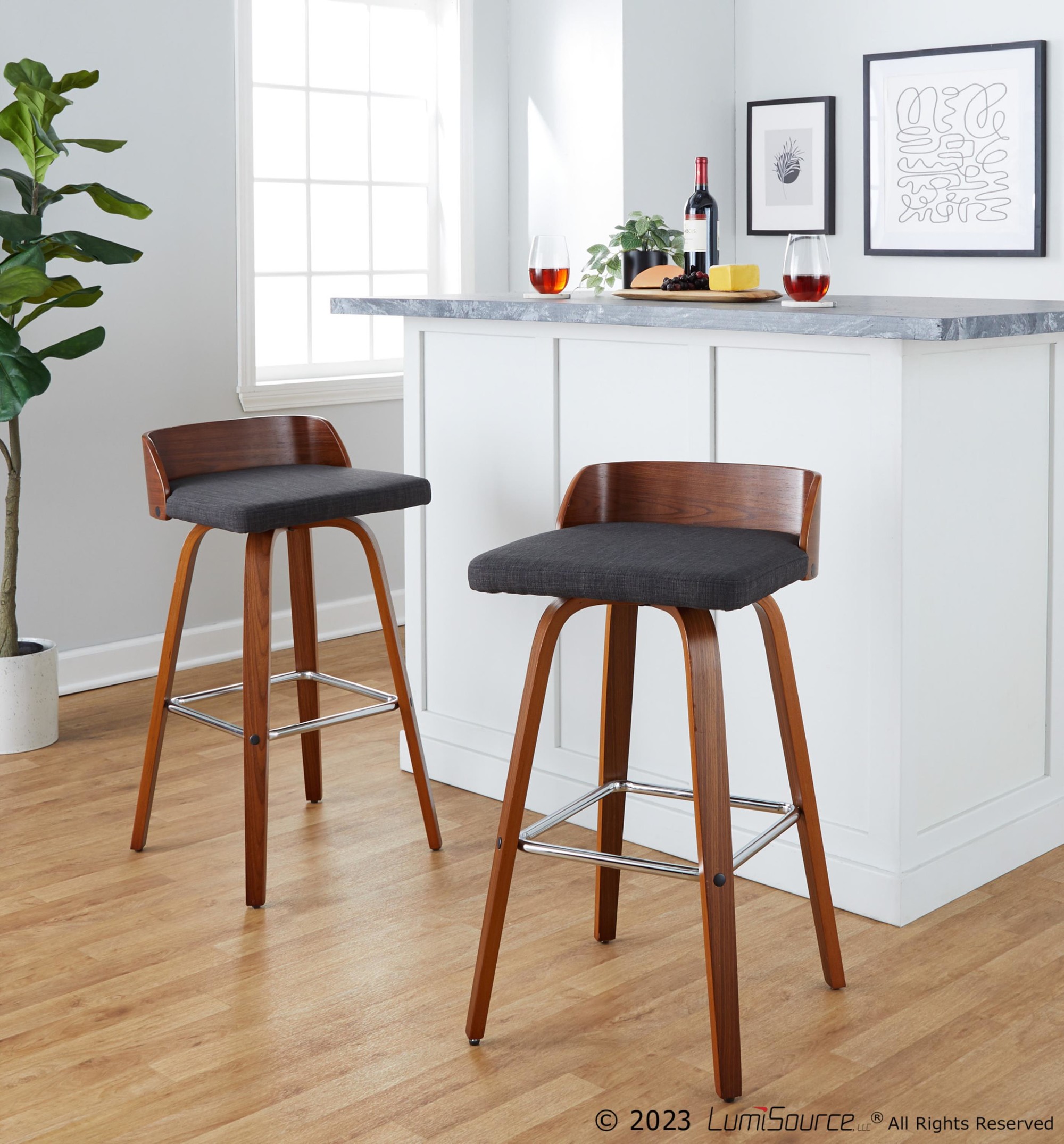 Maya 30 Mid-Century Modern Walnut and Charcoal Barstools (Set of 2) 3 Maya 30 Mid-Century Modern Walnut and Charcoal Barstools (Set of 2) - Image 3