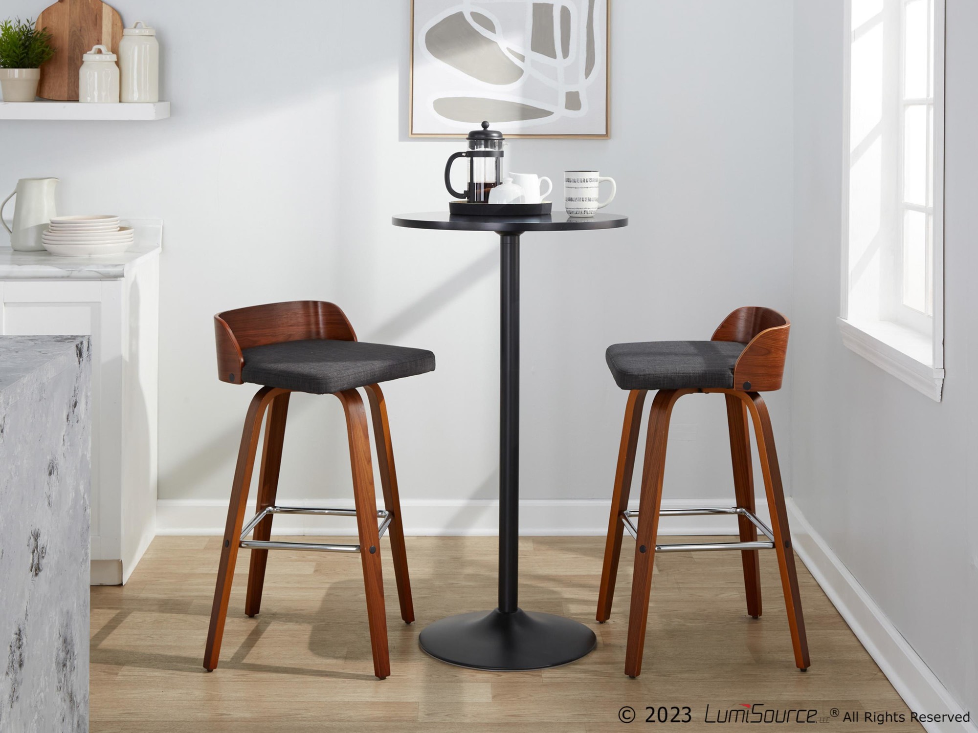 Maya 30 Mid-Century Modern Walnut and Charcoal Barstools (Set of 2) 4 Maya 30 Mid-Century Modern Walnut and Charcoal Barstools (Set of 2) - Image 4