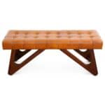 Tan Leather Mid-Century Modern Upholstered Bench With Wood Legs 7 Tan Leather Mid-Century Modern Upholstered Bench With Wood Legs