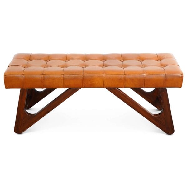 Tan Leather Mid-Century Modern Upholstered Bench With Wood Legs