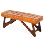 Tan Leather Mid-Century Modern Upholstered Bench With Wood Legs 8 Tan Leather Mid-Century Modern Upholstered Bench With Wood Legs