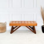 Tan Leather Mid-Century Modern Upholstered Bench With Wood Legs 9 Tan Leather Mid-Century Modern Upholstered Bench With Wood Legs