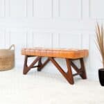 Tan Leather Mid-Century Modern Upholstered Bench With Wood Legs 11 Tan Leather Mid-Century Modern Upholstered Bench With Wood Legs