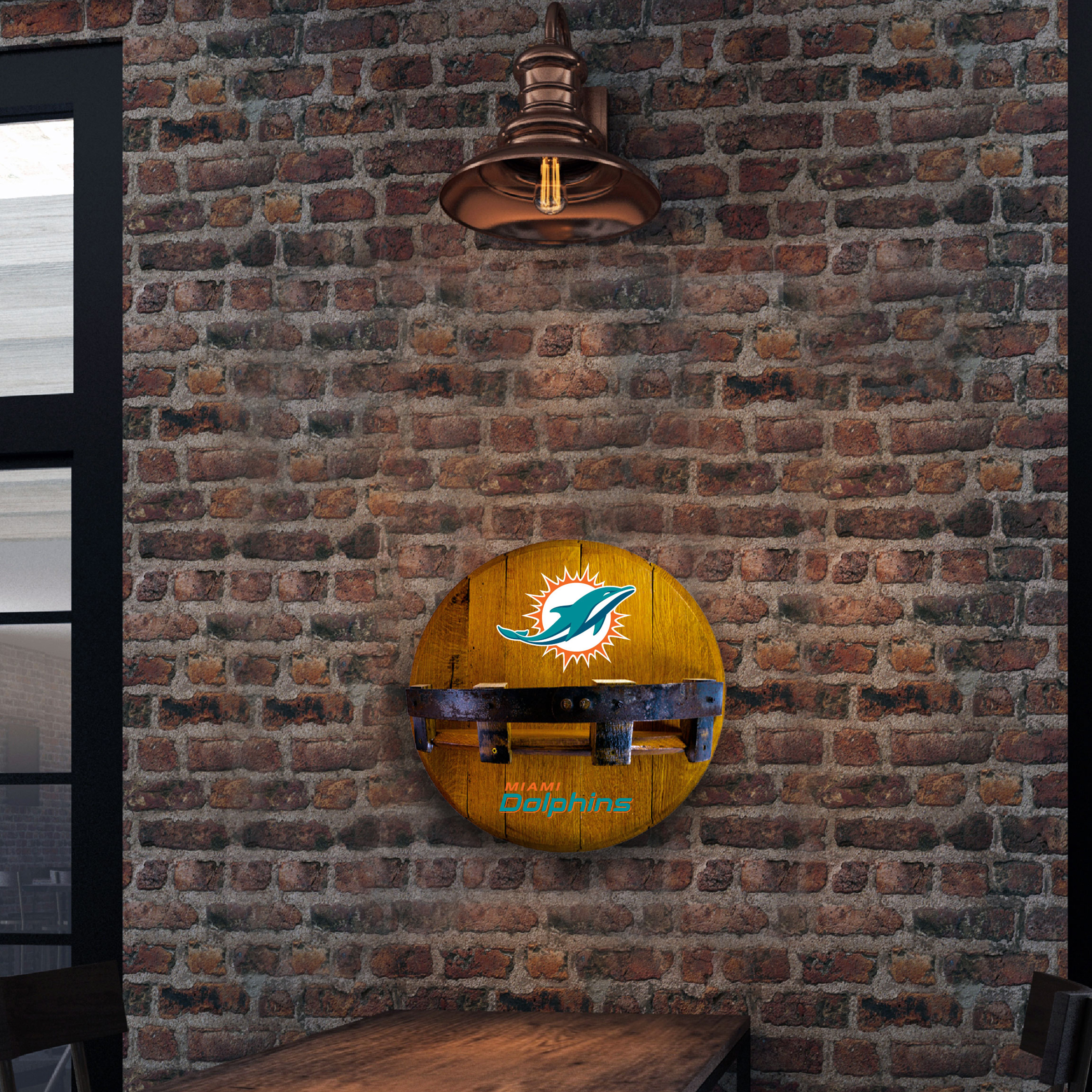 Miami Dolphins Kentucky Oak Whiskey Barrel Bar Shelf 2 Miami Dolphins Kentucky Oak Whiskey Barrel Bar Shelf - Image 2