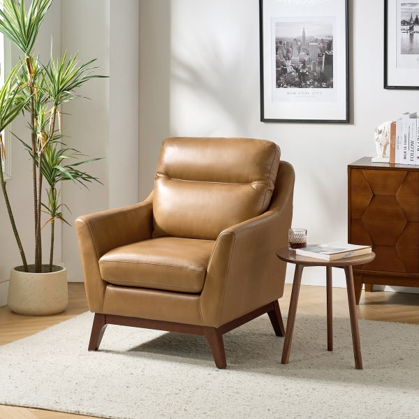 Mid Century Camel Genuine Leather Trapezoid Armrest Armchair 1