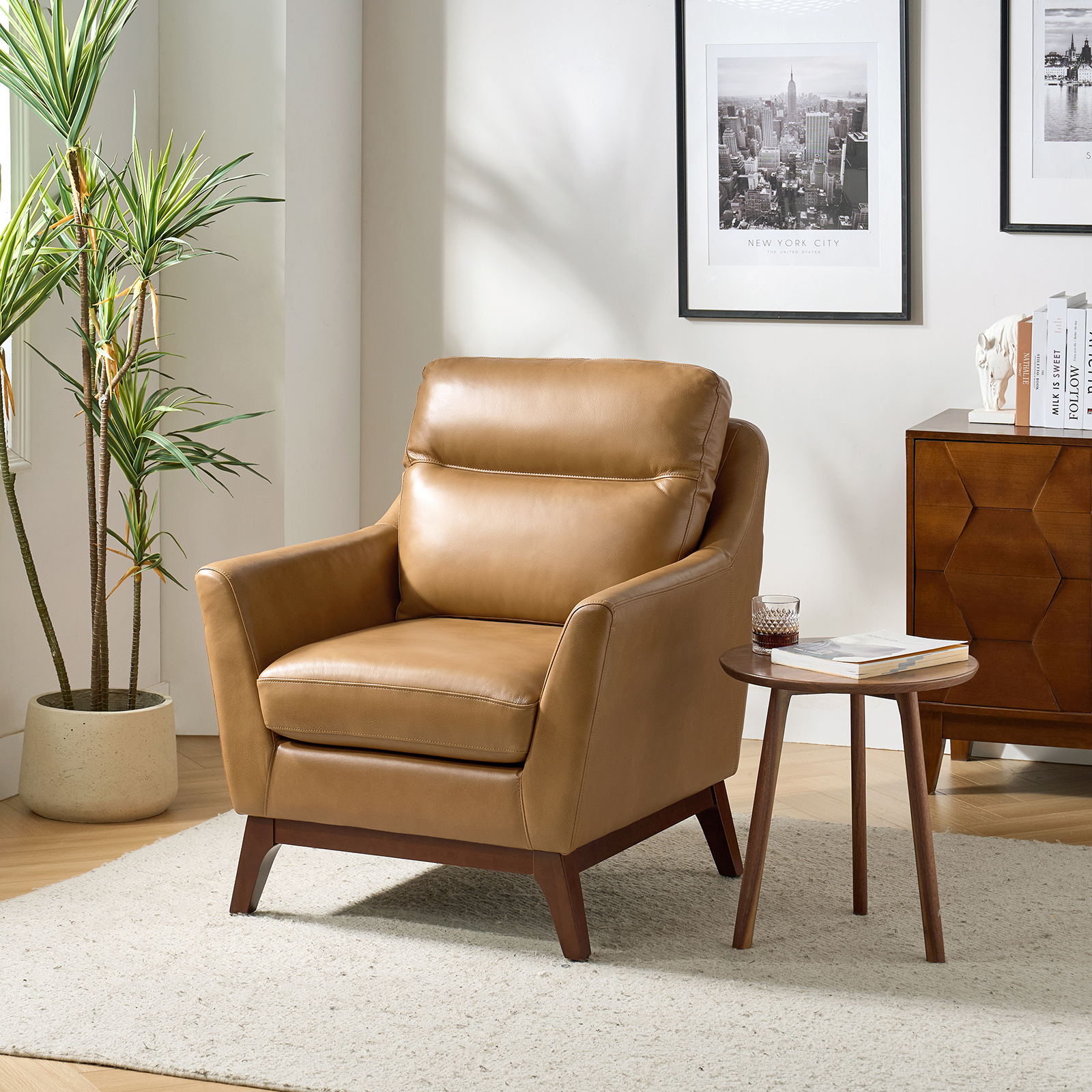 Mid-Century Camel Genuine Leather Trapezoid Armrest Armchair 2 Mid-Century Camel Genuine Leather Trapezoid Armrest Armchair - Image 2
