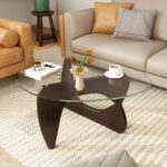Mid-Century Triangle Coffee Table with Tempered Glass and Adjustable Base