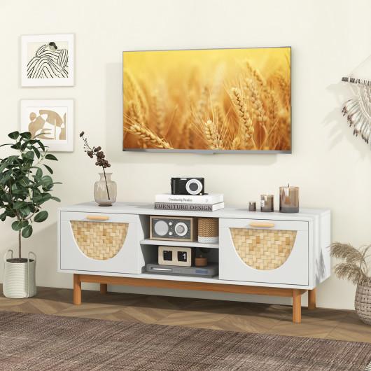 Mid Century Modern TV Stand with Bamboo Woven Drawer Fronts 2 Mid Century Modern TV Stand with Bamboo Woven Drawer Fronts - Image 2
