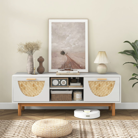 Mid Century Modern TV Stand with Bamboo Woven Drawer Fronts 6 Mid Century Modern TV Stand with Bamboo Woven Drawer Fronts - Image 6