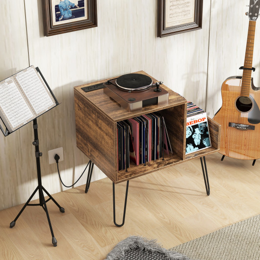 Mid Century Turntable Stand with Vinyl Storage and Power Outlet