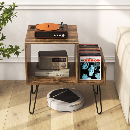 Mid Century Turntable Stand with Vinyl Storage and Power Outlet - Image 2