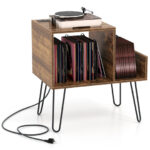 Mid Century Turntable Stand with Vinyl Storage and Power Outlet