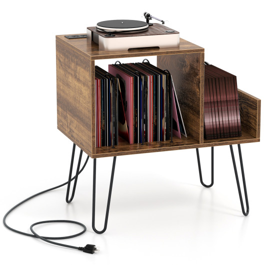 Mid Century Turntable Stand with Vinyl Storage and Power Outlet - Image 3