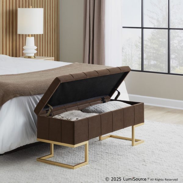 Midas Contemporary Brown Velvet Storage Bench Gold Steel Frame LumiSource 1