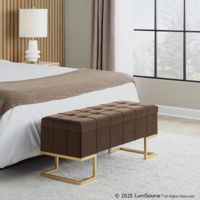 Midas Contemporary Brown Velvet Storage Bench Gold Steel Frame LumiSource