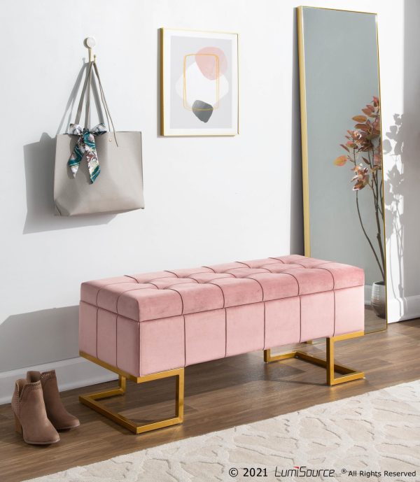 Midas Glam Pink Velvet Gold Steel Storage Bench 2