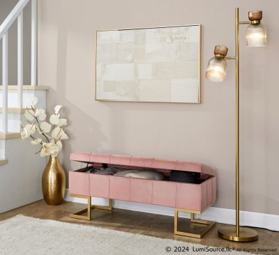 Midas Glam Pink Velvet Gold Steel Storage Bench