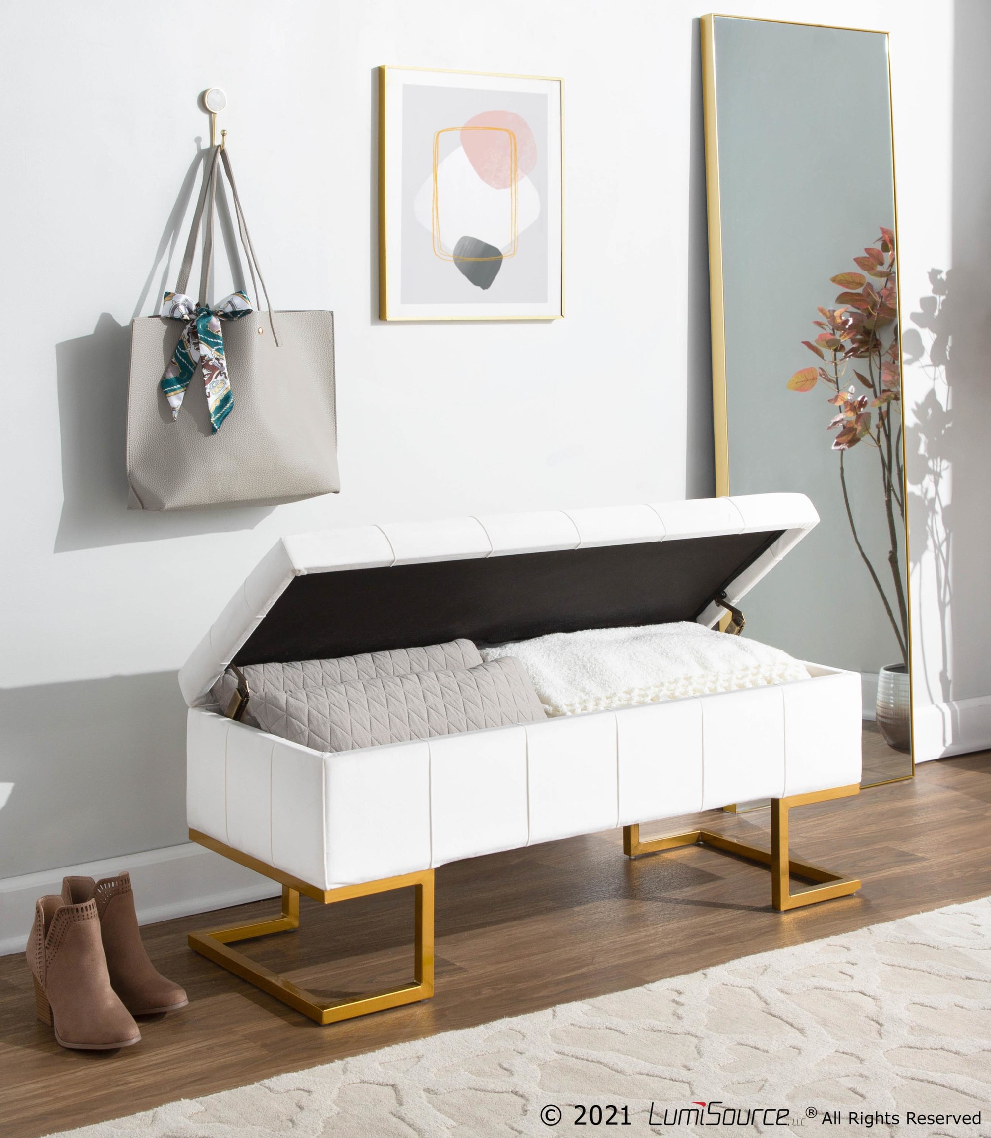 Midas Gold White Velvet Contemporary Storage Bench 4 Midas Gold White Velvet Contemporary Storage Bench - Image 4