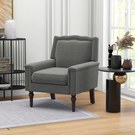 Mid Century Modern Gray Linen Upholstered Armchair with Cushion 2 Mid Century Modern Gray Linen Upholstered Armchair with Cushion - Image 2