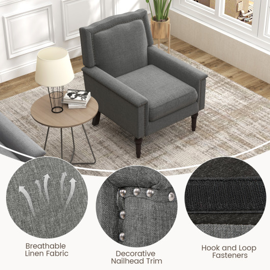 Mid Century Modern Gray Linen Upholstered Armchair with Cushion 6 Mid Century Modern Gray Linen Upholstered Armchair with Cushion - Image 6