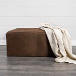 Minara 36" Square Brown Leather Wrapped w/Wood Base Ottoman