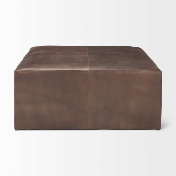 Minara 36 Square Brown Leather Wrapped wWood Base Ottoman 3