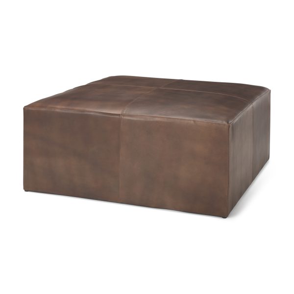 Minara 36 Square Brown Leather Wrapped wWood Base Ottoman