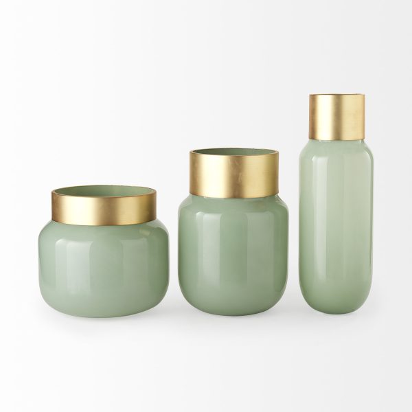 Minty 5.7L x 5.7W x 16.8H Green Glass Vase WMatte Gold Metal Neck Cuff 2