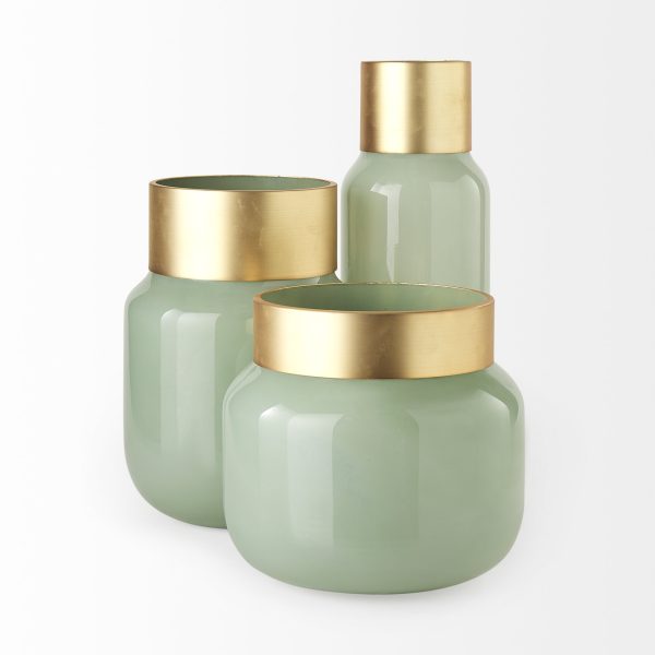 Minty 5.7L x 5.7W x 16.8H Green Glass Vase WMatte Gold Metal Neck Cuff 3
