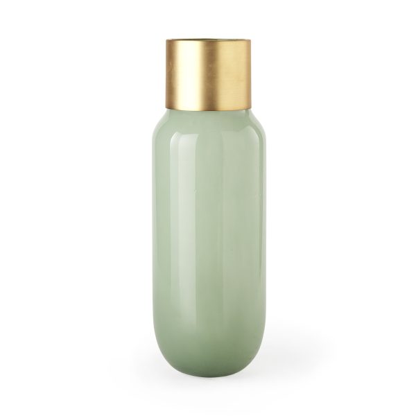 Minty 5.7L x 5.7W x 16.8H Green Glass Vase WMatte Gold Metal Neck Cuff