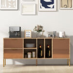 Natural Mirrored Buffet Cabinet with Drawers and Door for Storage