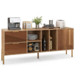 Natural Mirrored Buffet Cabinet with Drawers and Door for Storage