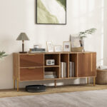 Natural Mirrored Buffet Cabinet with Drawers and Door for Storage
