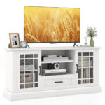 Modern TV Stand with Glass Doors, Drawer, and Adjustable Shelves