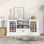Modern TV Stand with Glass Doors, Drawer, and Adjustable Shelves