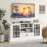Modern TV Stand with Glass Doors, Drawer, and Adjustable Shelves