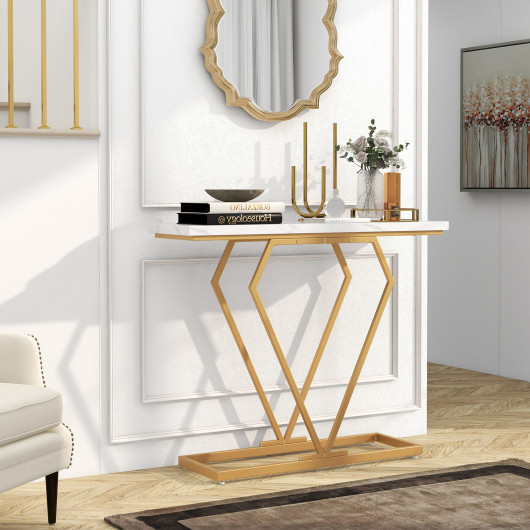 White Faux Marble Console Table with Gold Geometric Frame 2 White Faux Marble Console Table with Gold Geometric Frame - Image 2