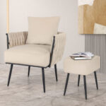 Velvet Accent Chair and Ottoman with Weaved Back and Arms