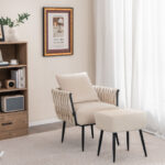Velvet Accent Chair and Ottoman with Weaved Back and Arms