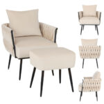Velvet Accent Chair and Ottoman with Weaved Back and Arms