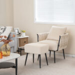 Velvet Accent Chair and Ottoman with Weaved Back and Arms