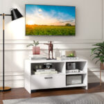 Modern White Media Console with Drawer and 3 Open Compartments