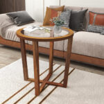 Modern Round Side Table with Tempered Glass Top and Acacia Wood