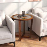 Modern Round Side Table with Tempered Glass Top and Acacia Wood