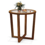Modern Round Side Table with Tempered Glass Top and Acacia Wood