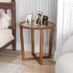 Modern Round Side Table with Tempered Glass Top and Acacia Wood