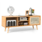 Natural Bamboo TV Stand with Rattan and Glass Sliding Doors