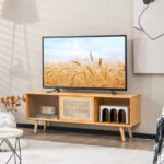 Natural Bamboo TV Stand with Rattan and Glass Sliding Doors